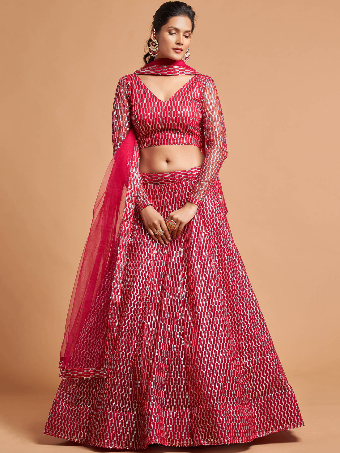 Superb Hot Pink Thread Embroidered Net Party Wear Lehenga Choli