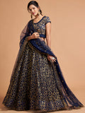 Wonderful Navy Blue Thread Embroidered Net Party Wear Lehenga Choli