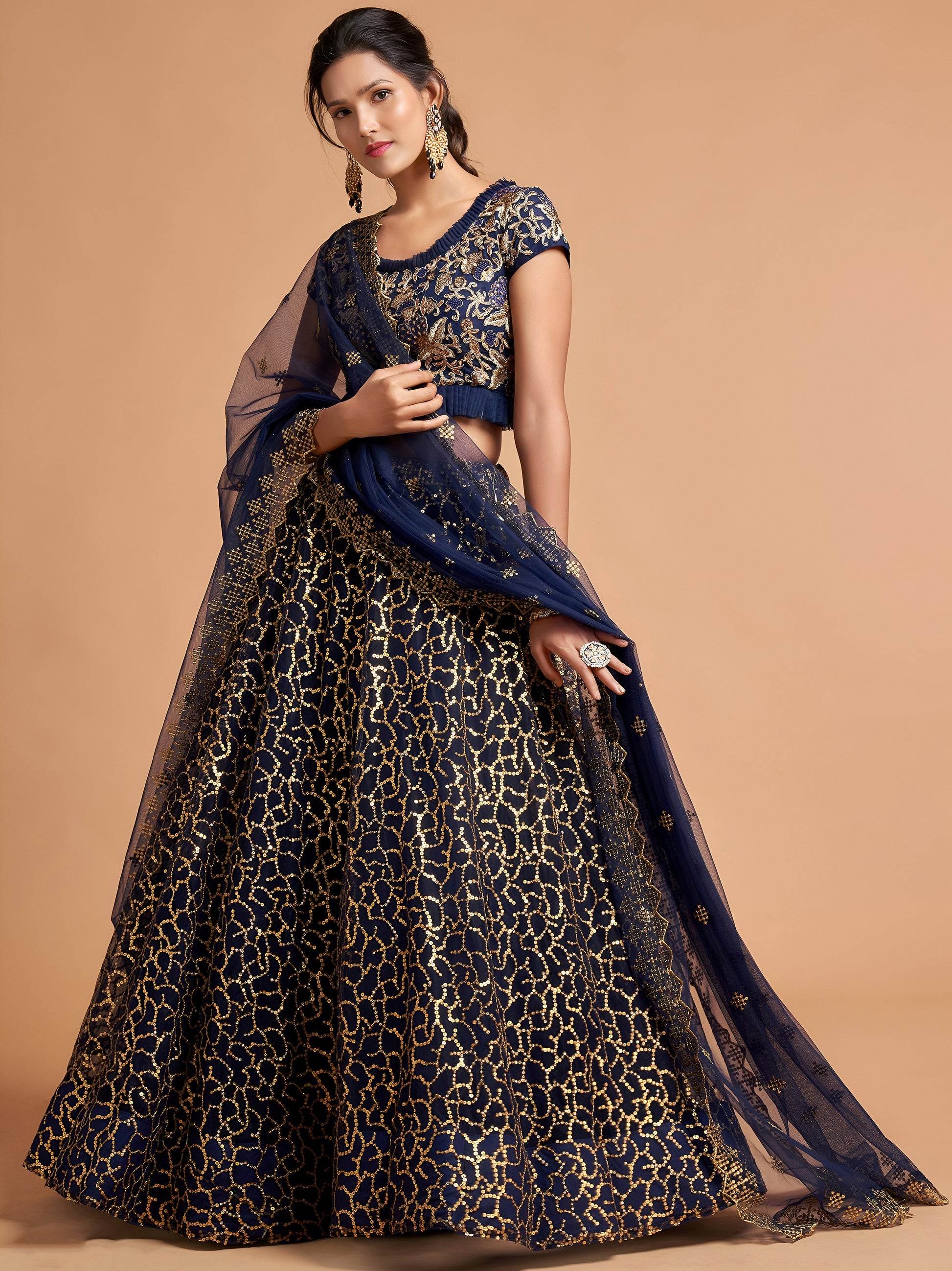 Wonderful Navy Blue Thread Embroidered Net Party Wear Lehenga Choli
