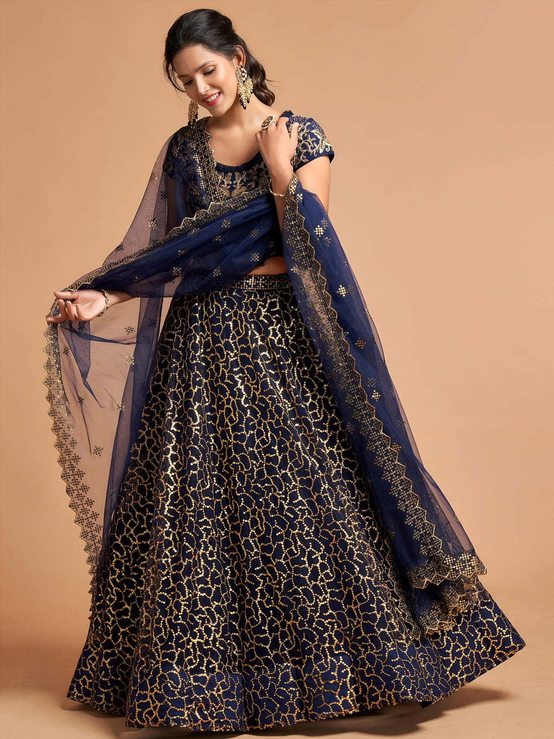 Wonderful Navy Blue Thread Embroidered Net Party Wear Lehenga Choli