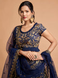 Wonderful Navy Blue Thread Embroidered Net Party Wear Lehenga Choli