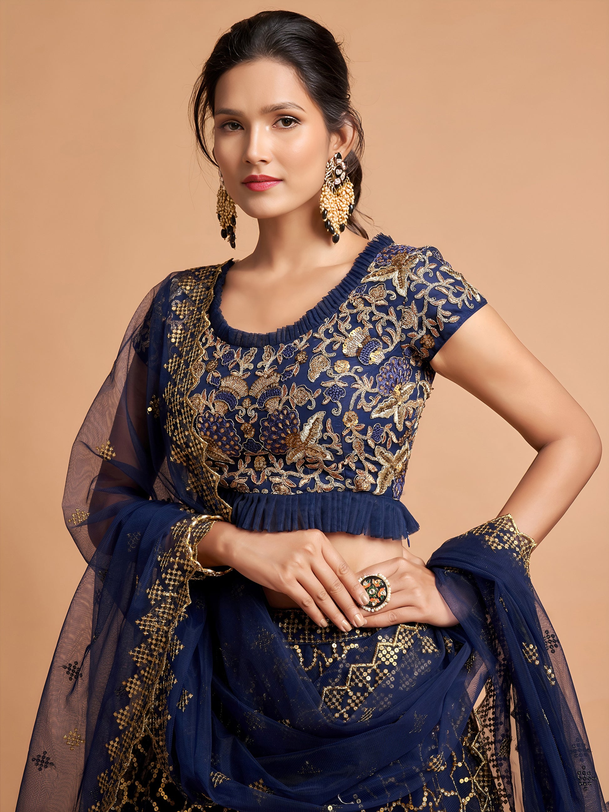 Wonderful Navy Blue Thread Embroidered Net Party Wear Lehenga Choli