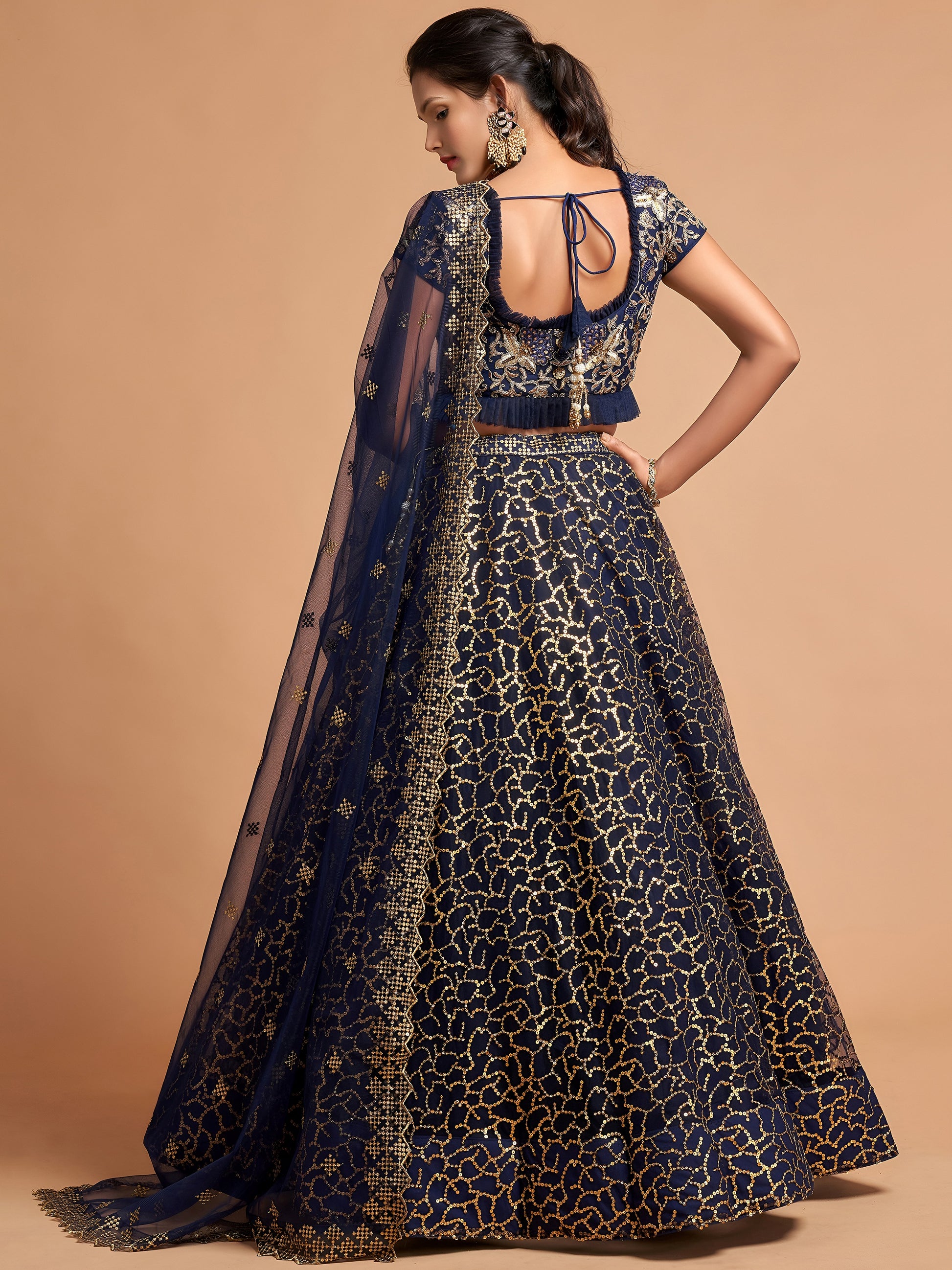 Wonderful Navy Blue Thread Embroidered Net Party Wear Lehenga Choli