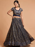 Wonderful Navy Blue Thread Embroidered Net Party Wear Lehenga Choli
