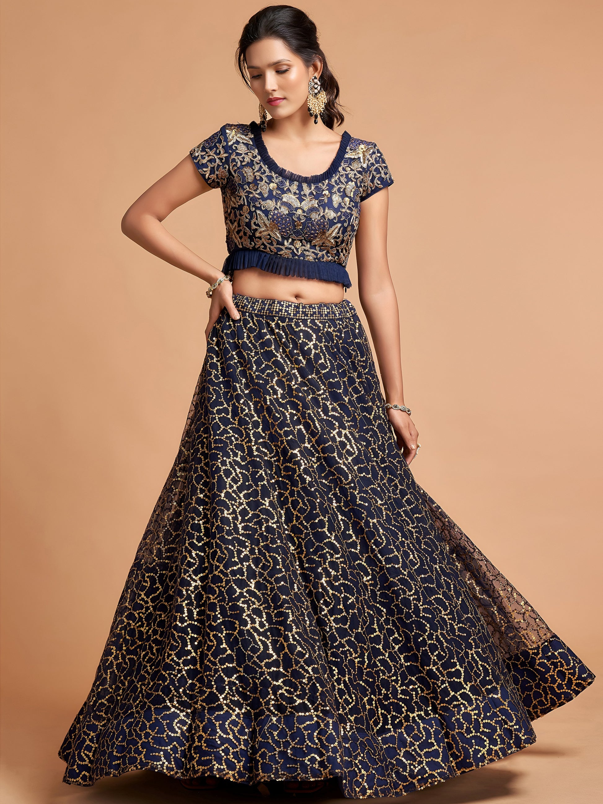 Wonderful Navy Blue Thread Embroidered Net Party Wear Lehenga Choli