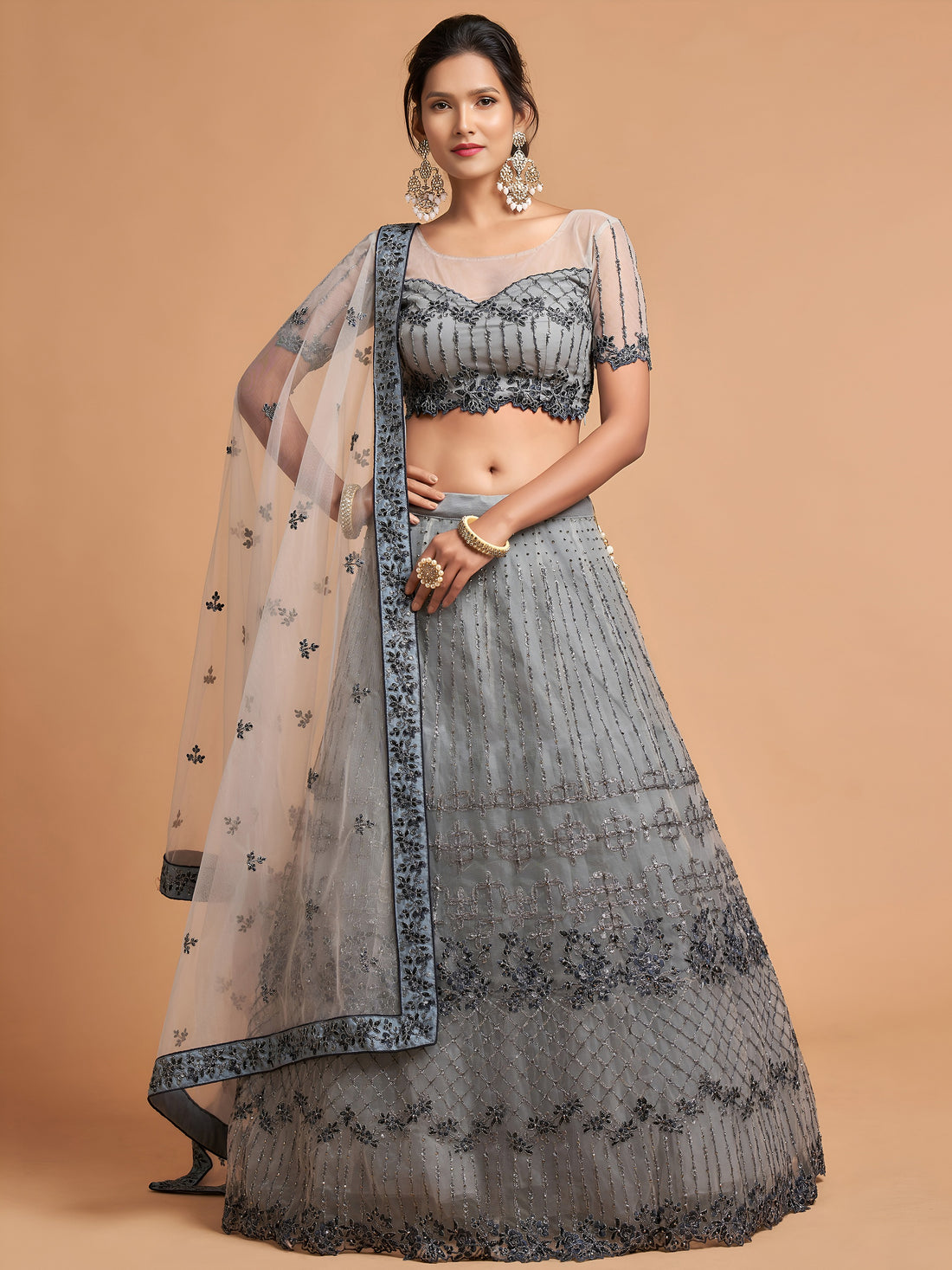 Great Grey Zari Embroidered Net Party Wear Lehenga Choli