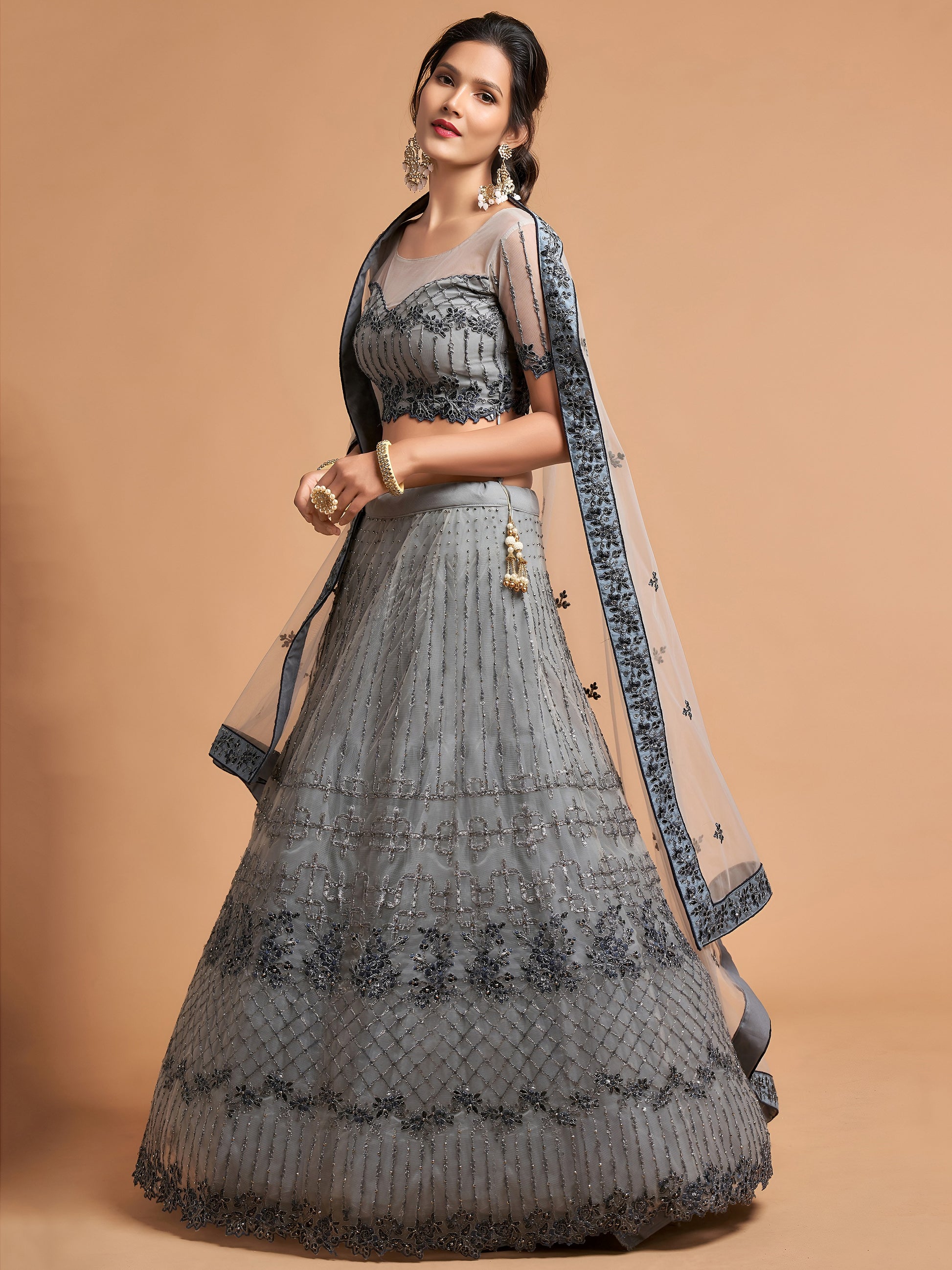 Great Grey Zari Embroidered Net Party Wear Lehenga Choli