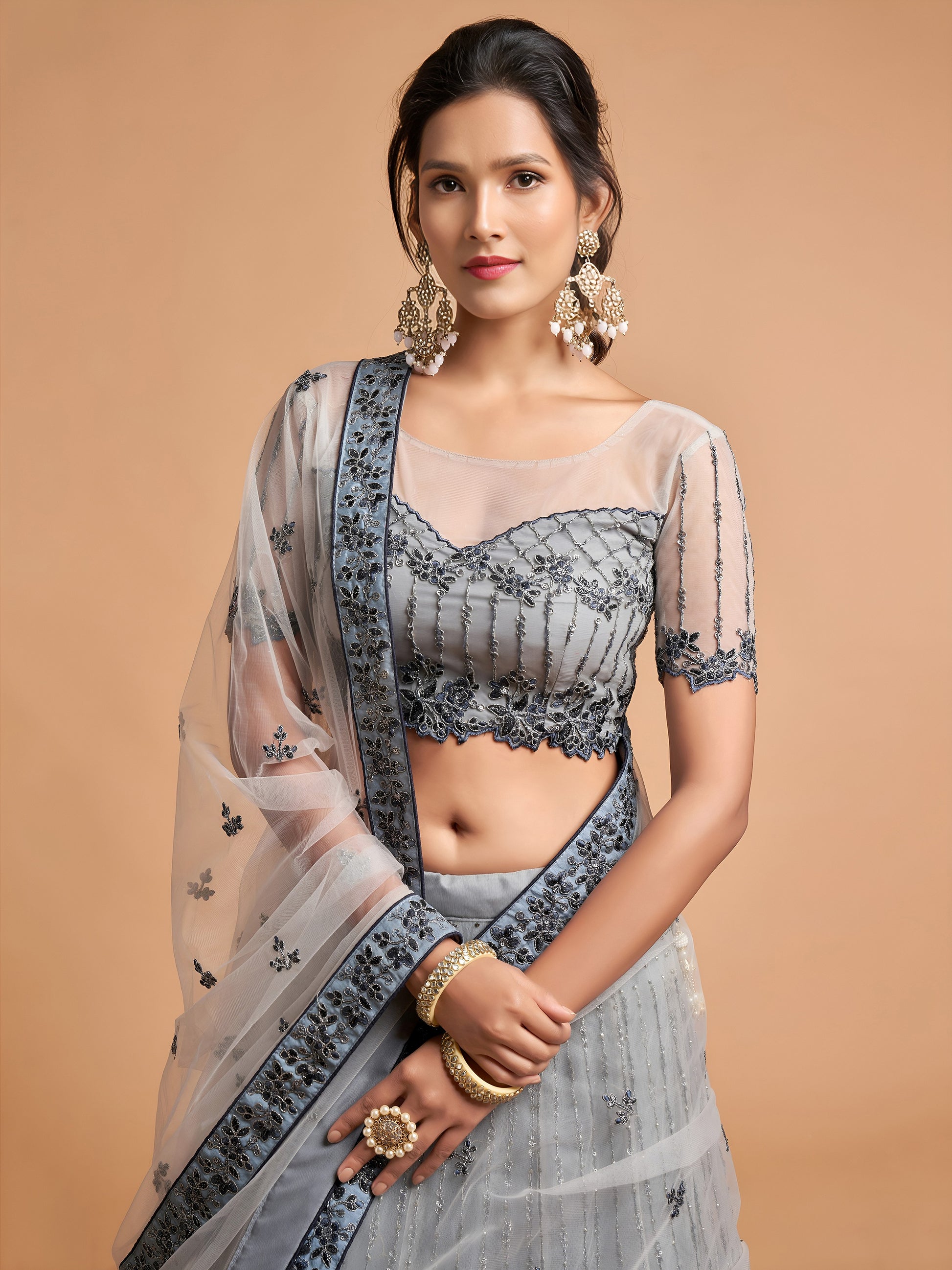 Great Grey Zari Embroidered Net Party Wear Lehenga Choli