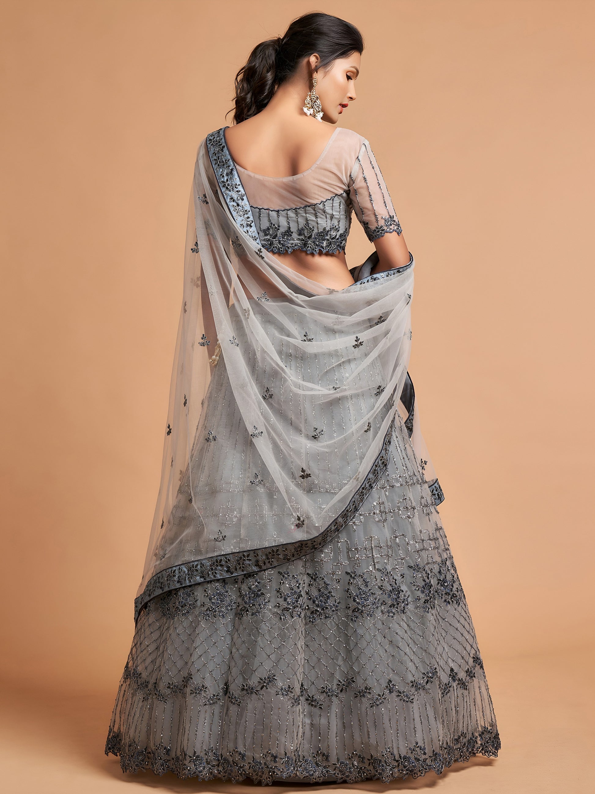 Great Grey Zari Embroidered Net Party Wear Lehenga Choli