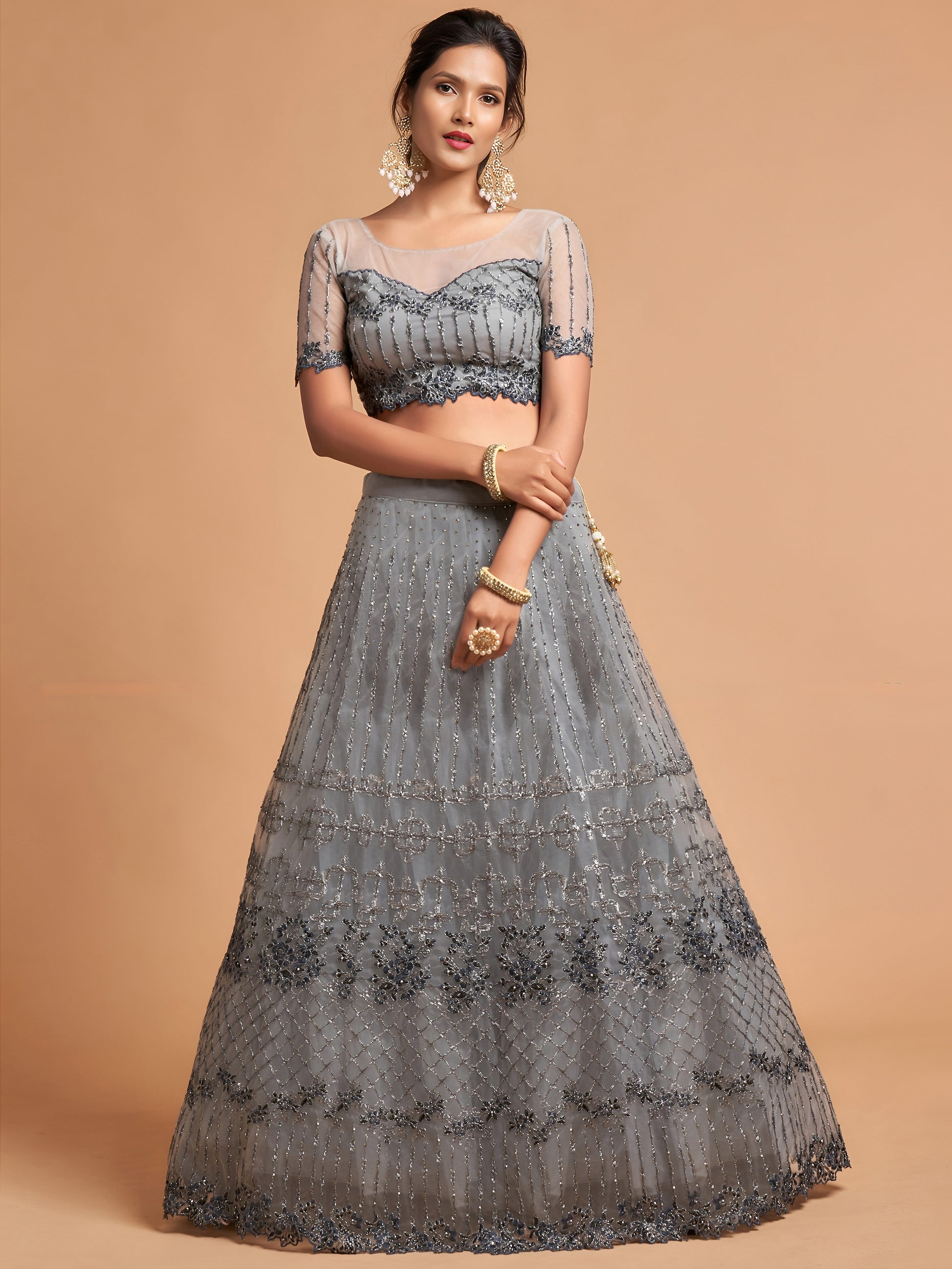 Great Grey Zari Embroidered Net Party Wear Lehenga Choli