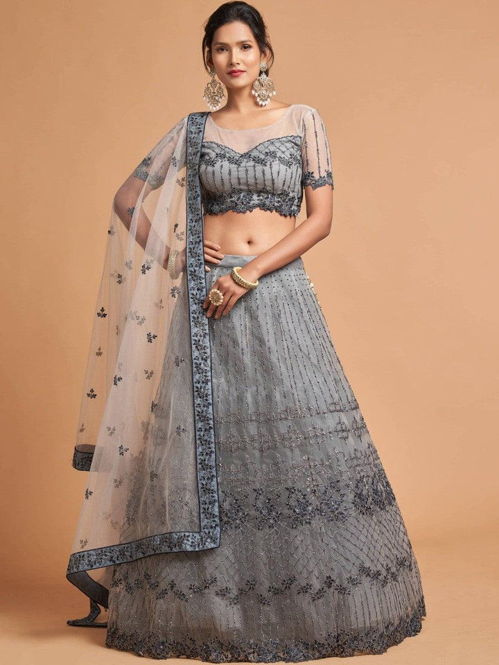 Great Grey Zari Embroidered Net Party Wear Lehenga Choli