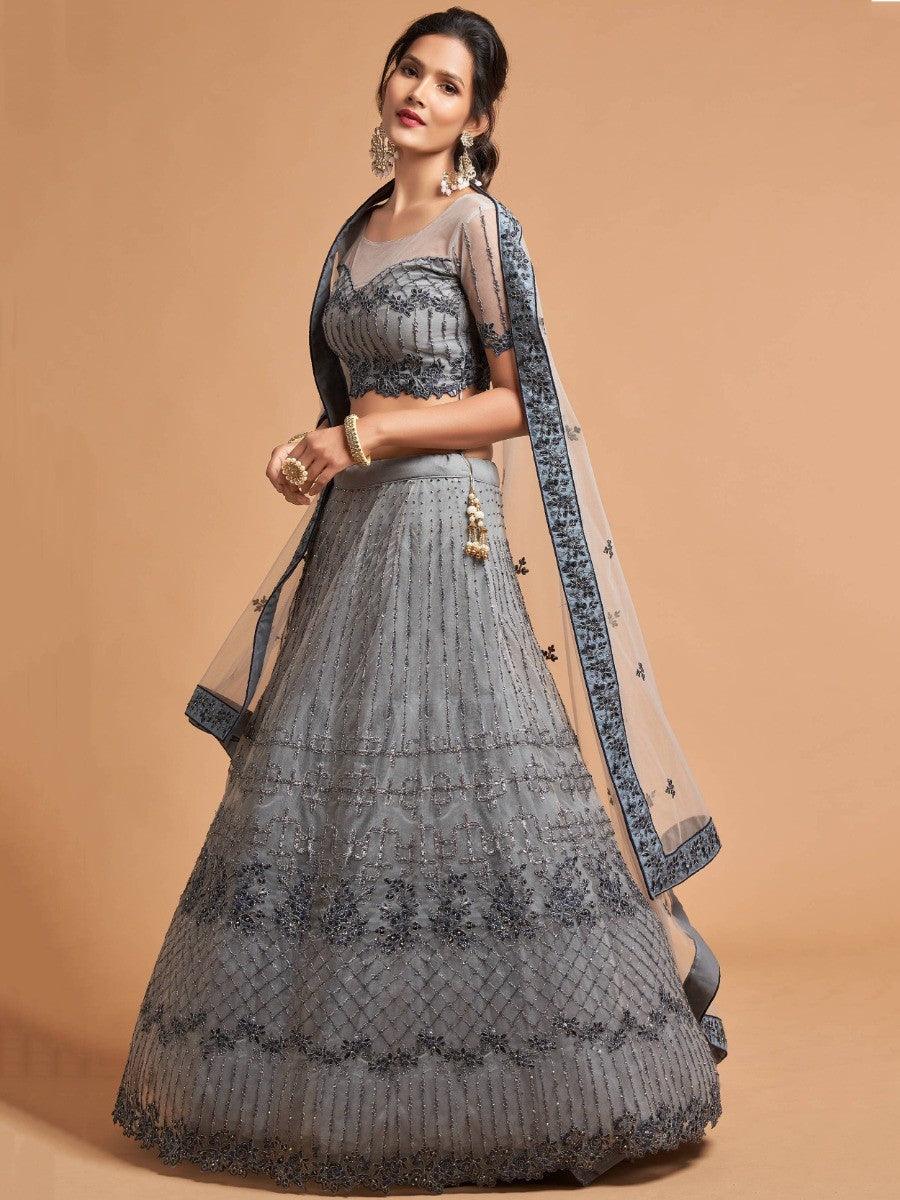 Great Grey Zari Embroidered Net Party Wear Lehenga Choli