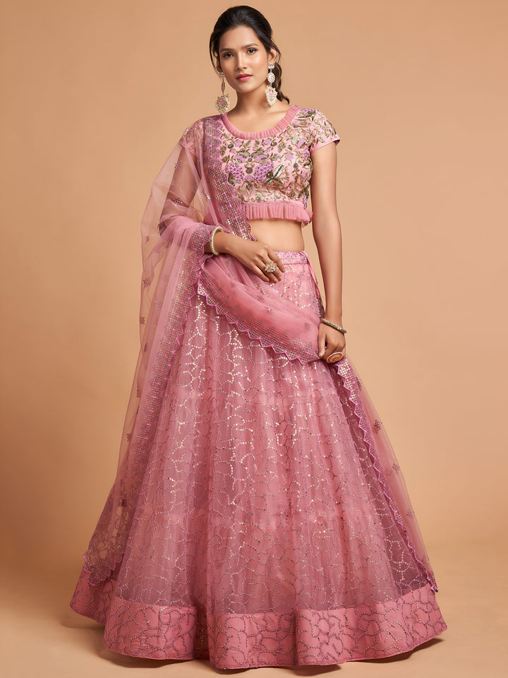 Unique Blush Pink Thread Embroidered Net Party Wear Lehenga Choli