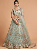 Remarkable Pista Green Thread Net Party Wear Lehenga Choli