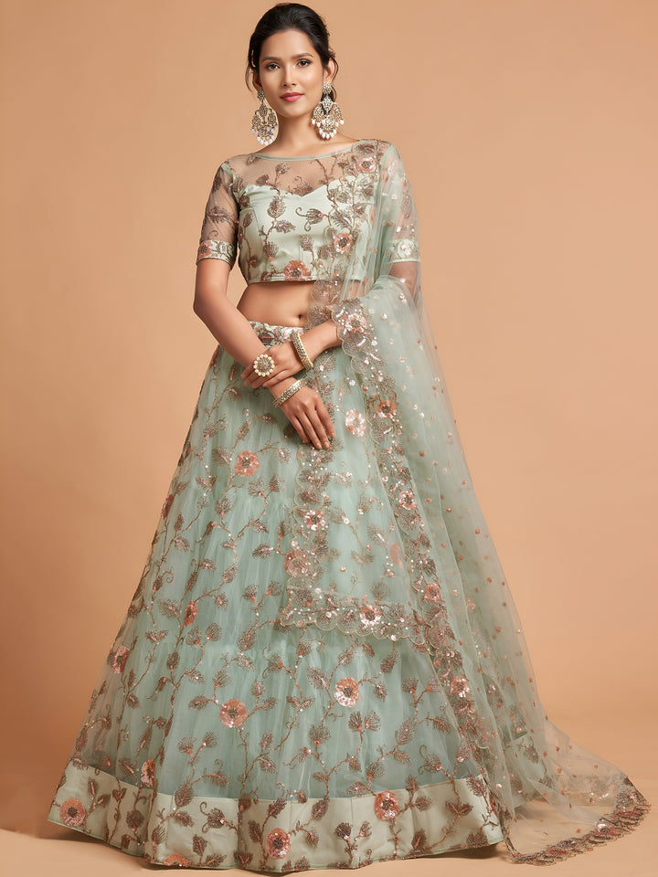 Remarkable Pista Green Thread Net Party Wear Lehenga Choli
