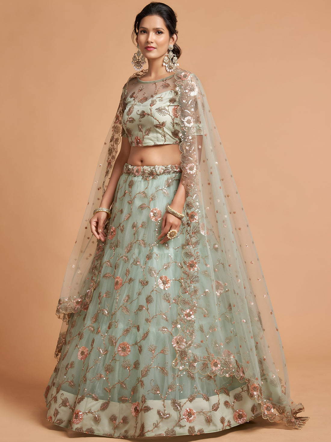 Remarkable Pista Green Thread Net Party Wear Lehenga Choli