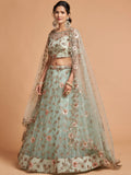 Remarkable Pista Green Thread Net Party Wear Lehenga Choli