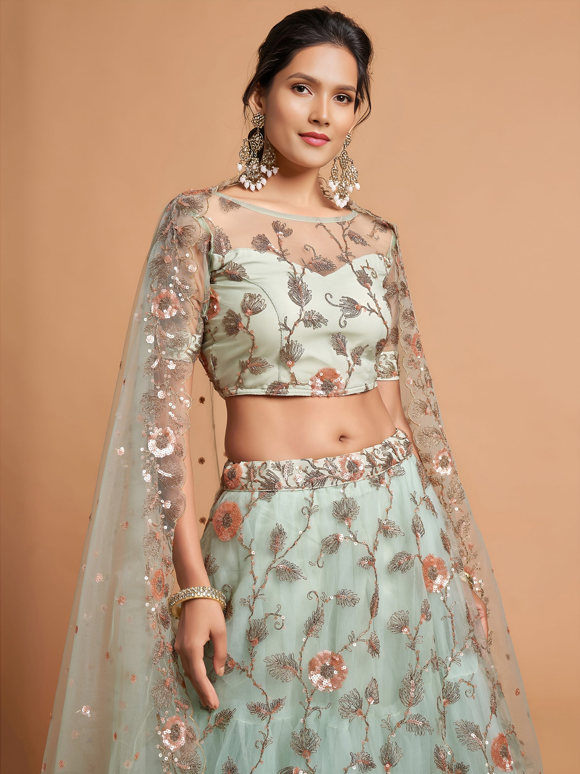 Remarkable Pista Green Thread Net Party Wear Lehenga Choli