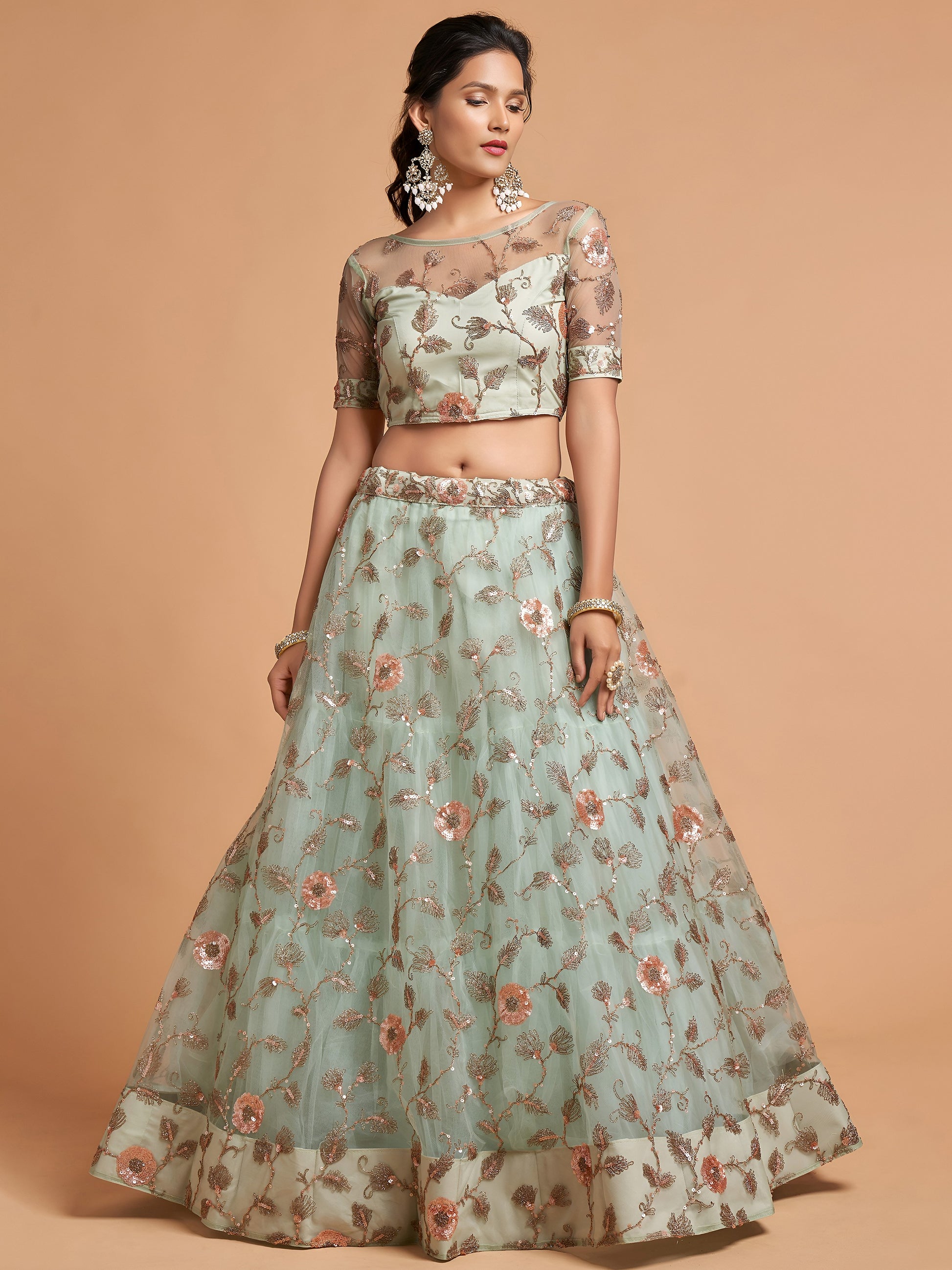 Remarkable Pista Green Thread Net Party Wear Lehenga Choli
