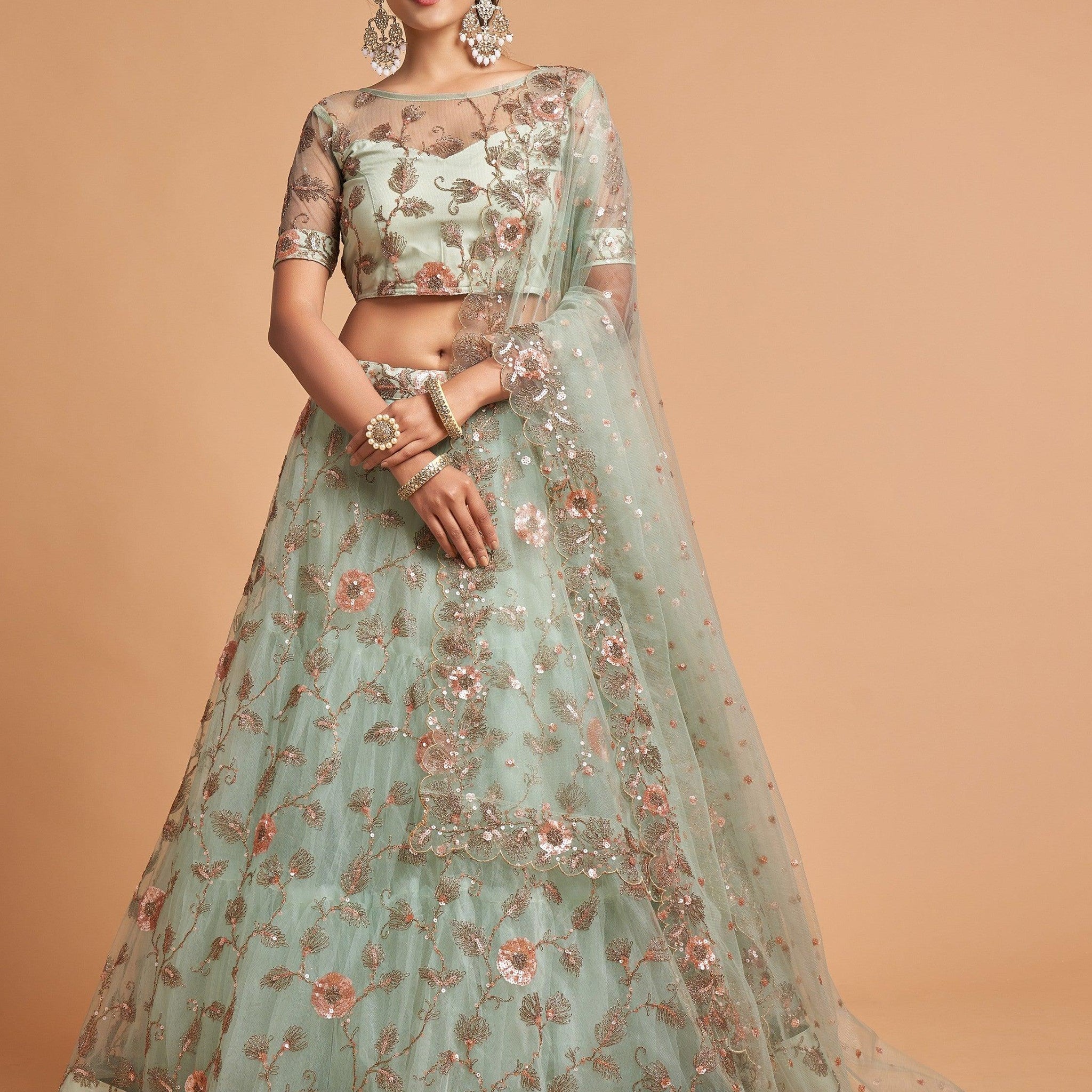 Remarkable Pista Green Thread Net Party Wear Lehenga Choli