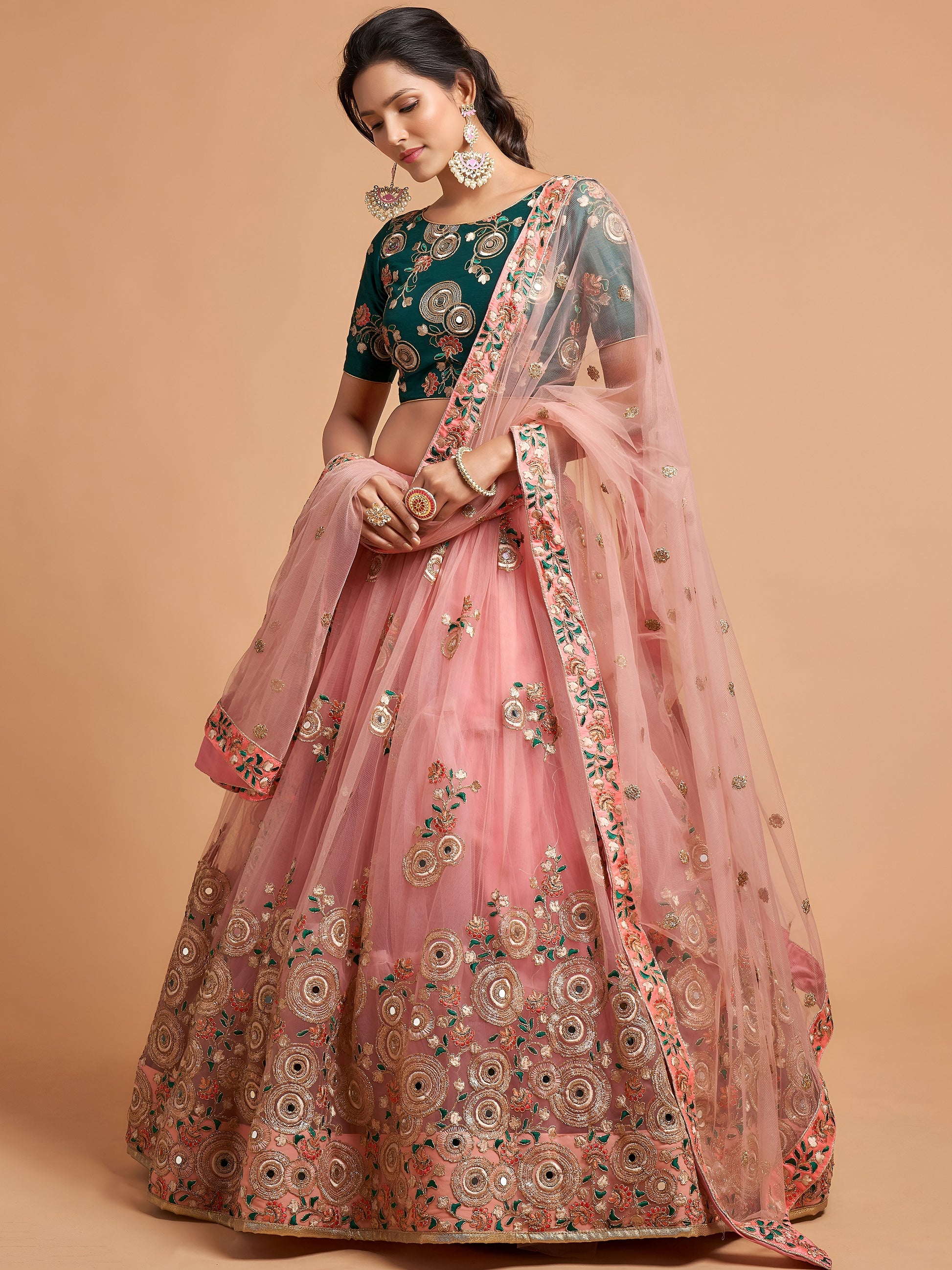Amazing Peach Thread Embroidered Net Wedding Lehenga Choli