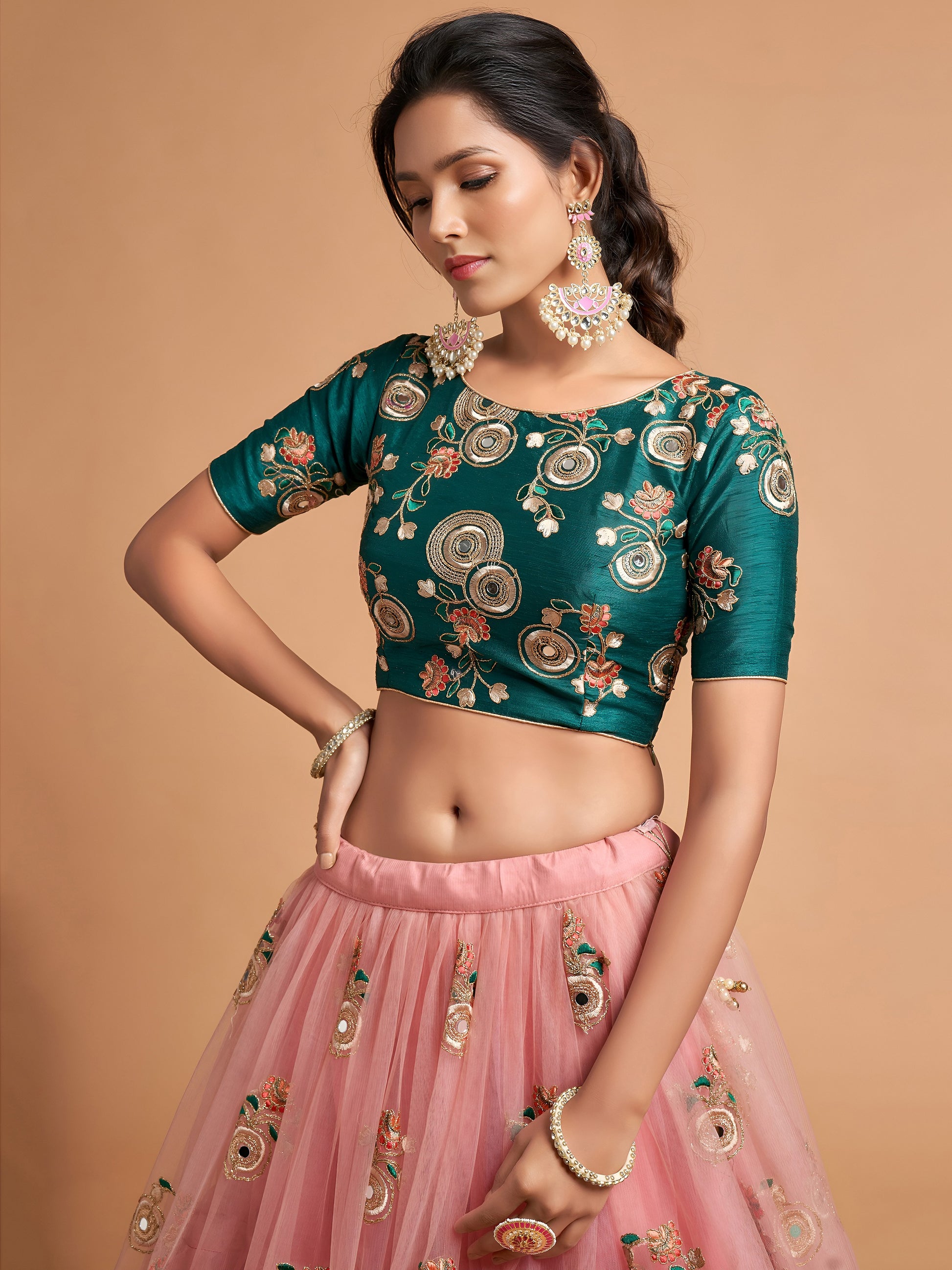 Amazing Peach Thread Embroidered Net Wedding Lehenga Choli
