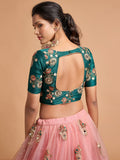 Amazing Peach Thread Embroidered Net Wedding Lehenga Choli
