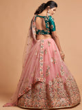 Amazing Peach Thread Embroidered Net Wedding Lehenga Choli