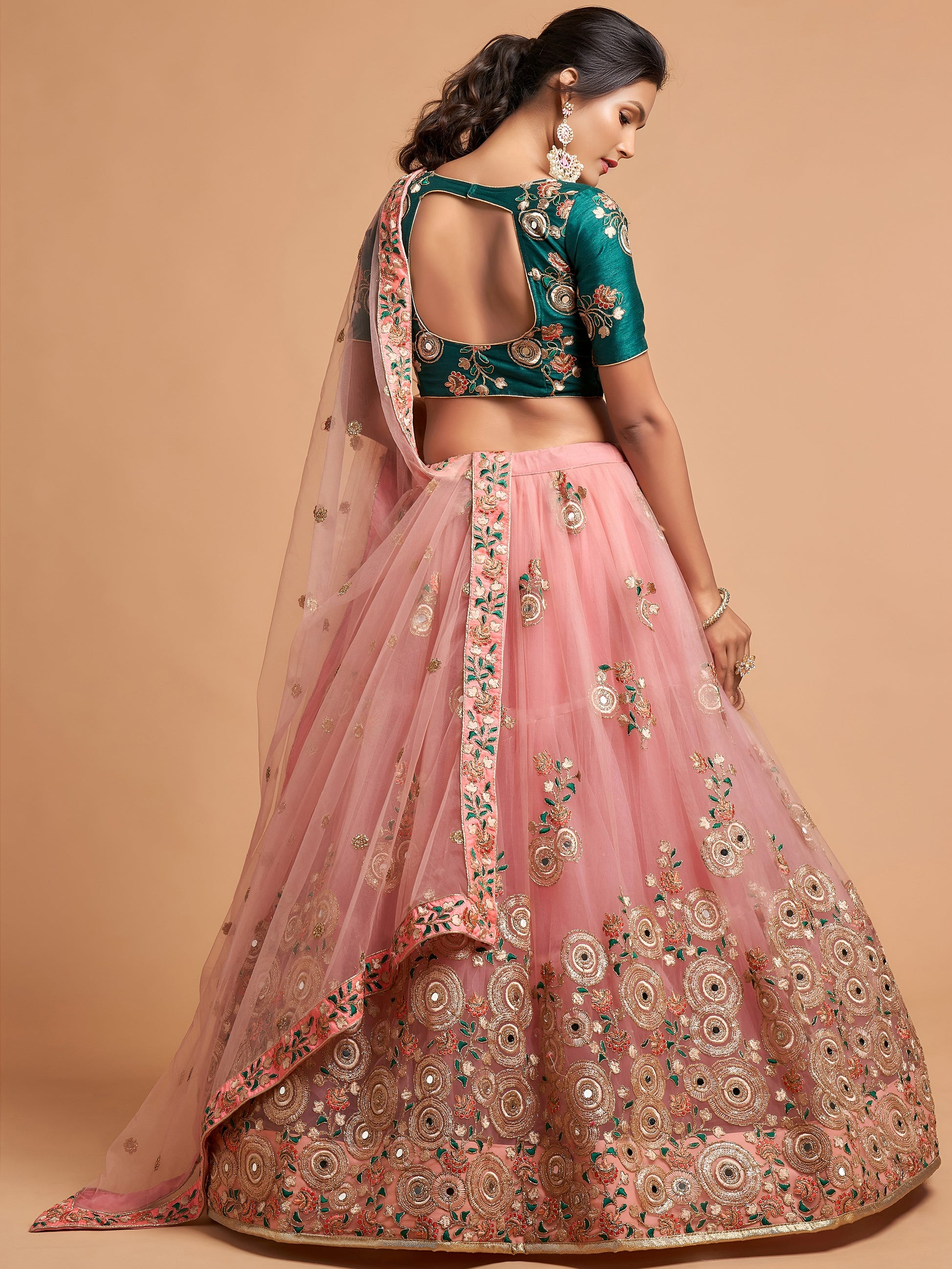Amazing Peach Thread Embroidered Net Wedding Lehenga Choli