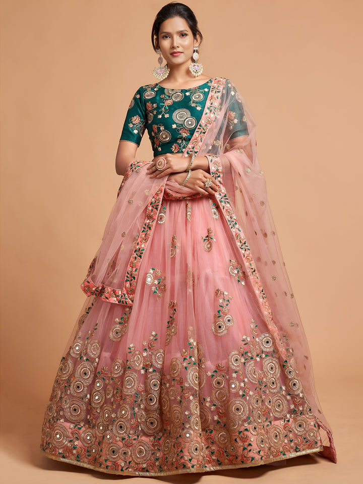Amazing Peach Thread Embroidered Net Wedding Lehenga Choli
