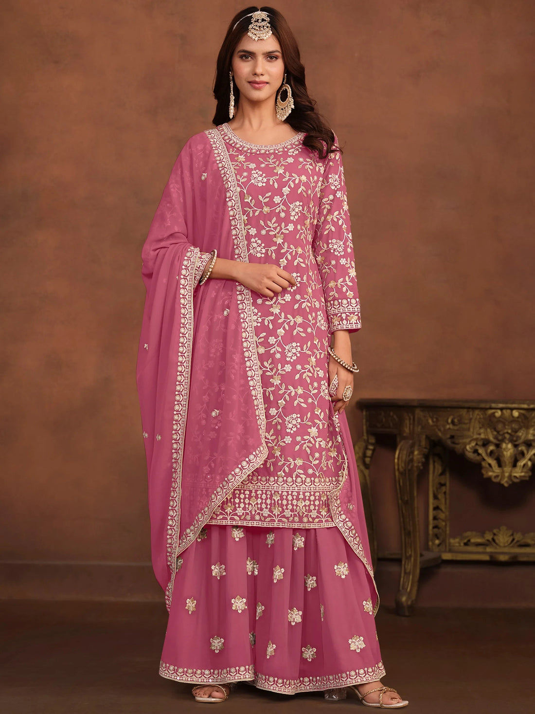 Fantastic Pink Bead Embroidered Georgette Marriage Wear Sharara Suit