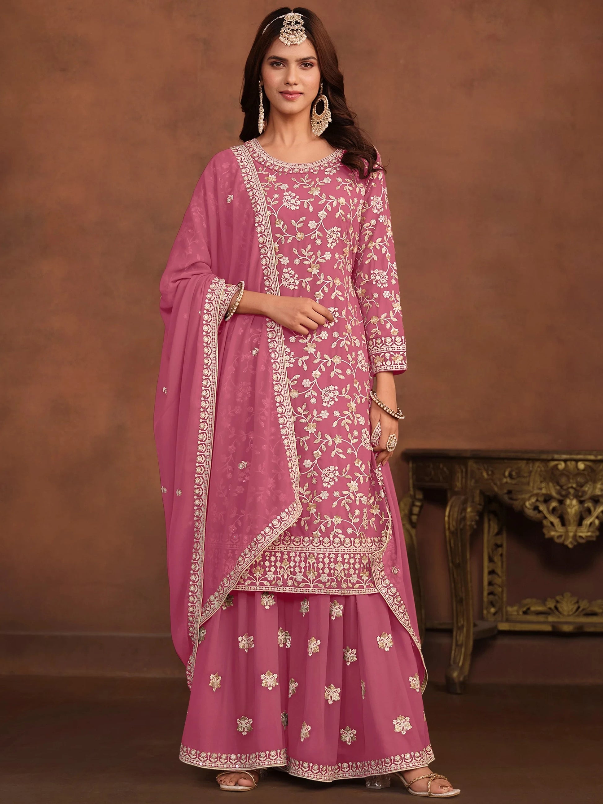 Fantastic Pink Bead Embroidered Georgette Marriage Wear Sharara Suit