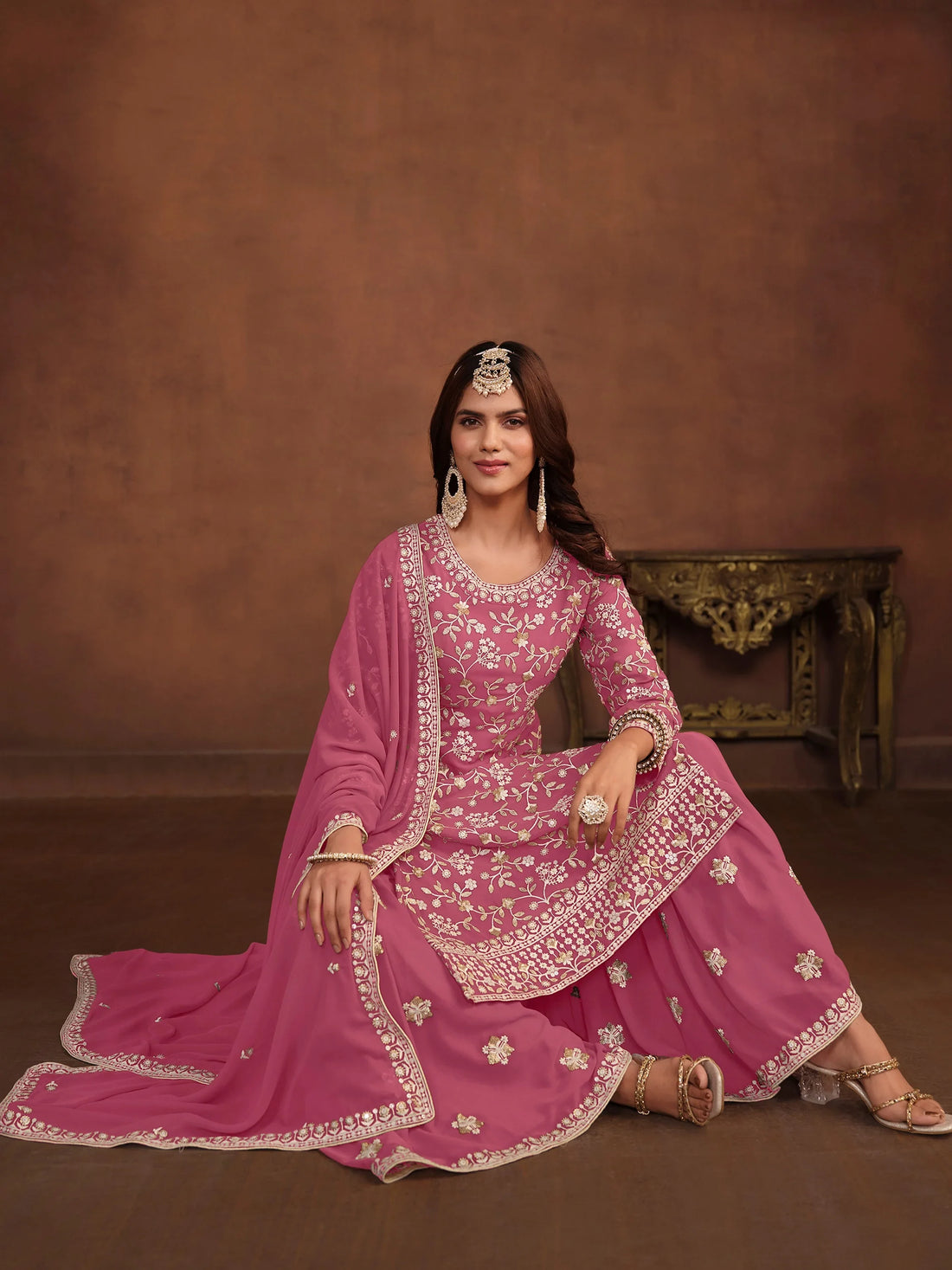 Fantastic Pink Bead Embroidered Georgette Marriage Wear Sharara Suit