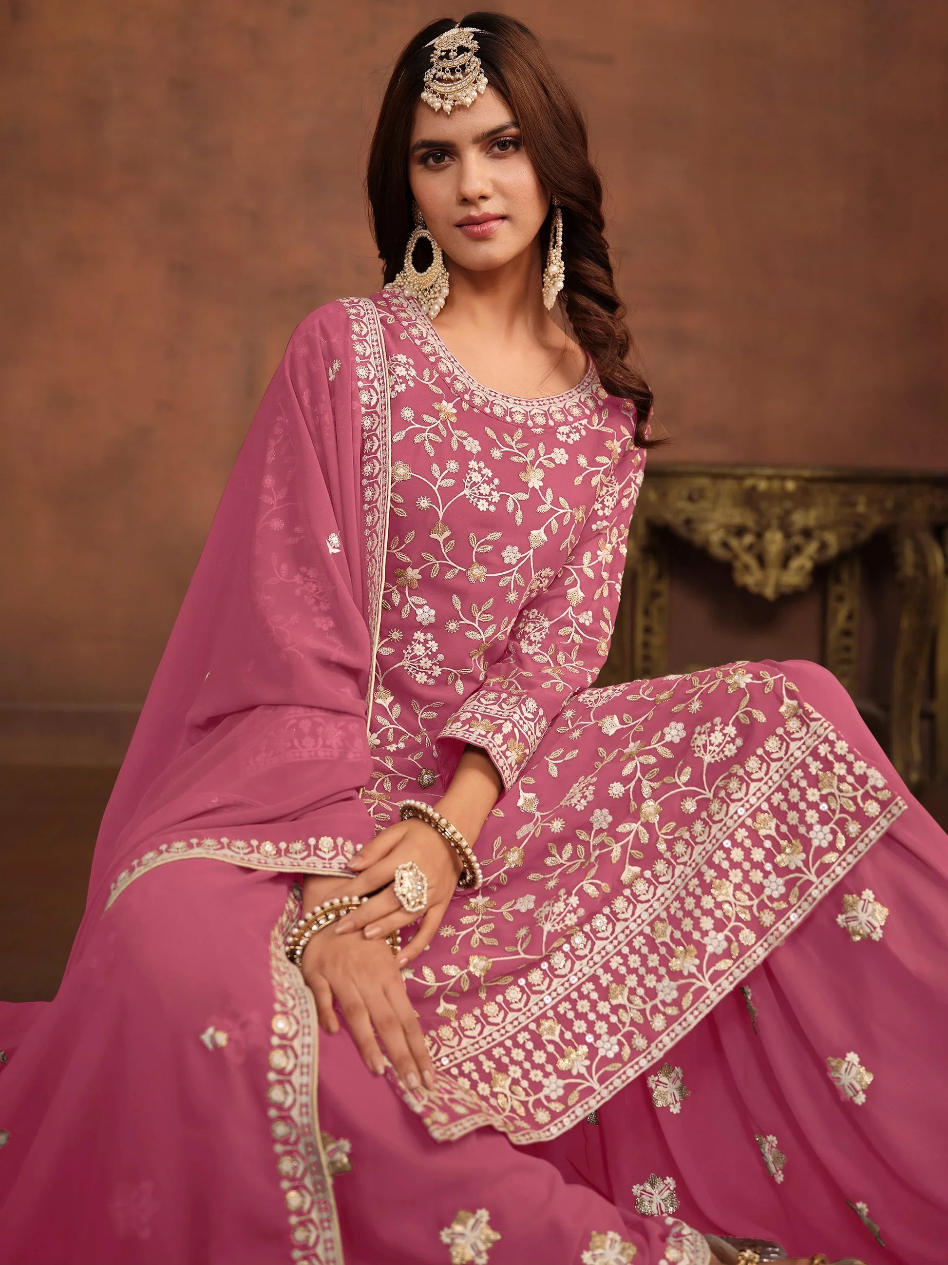 Fantastic Pink Bead Embroidered Georgette Marriage Wear Sharara Suit