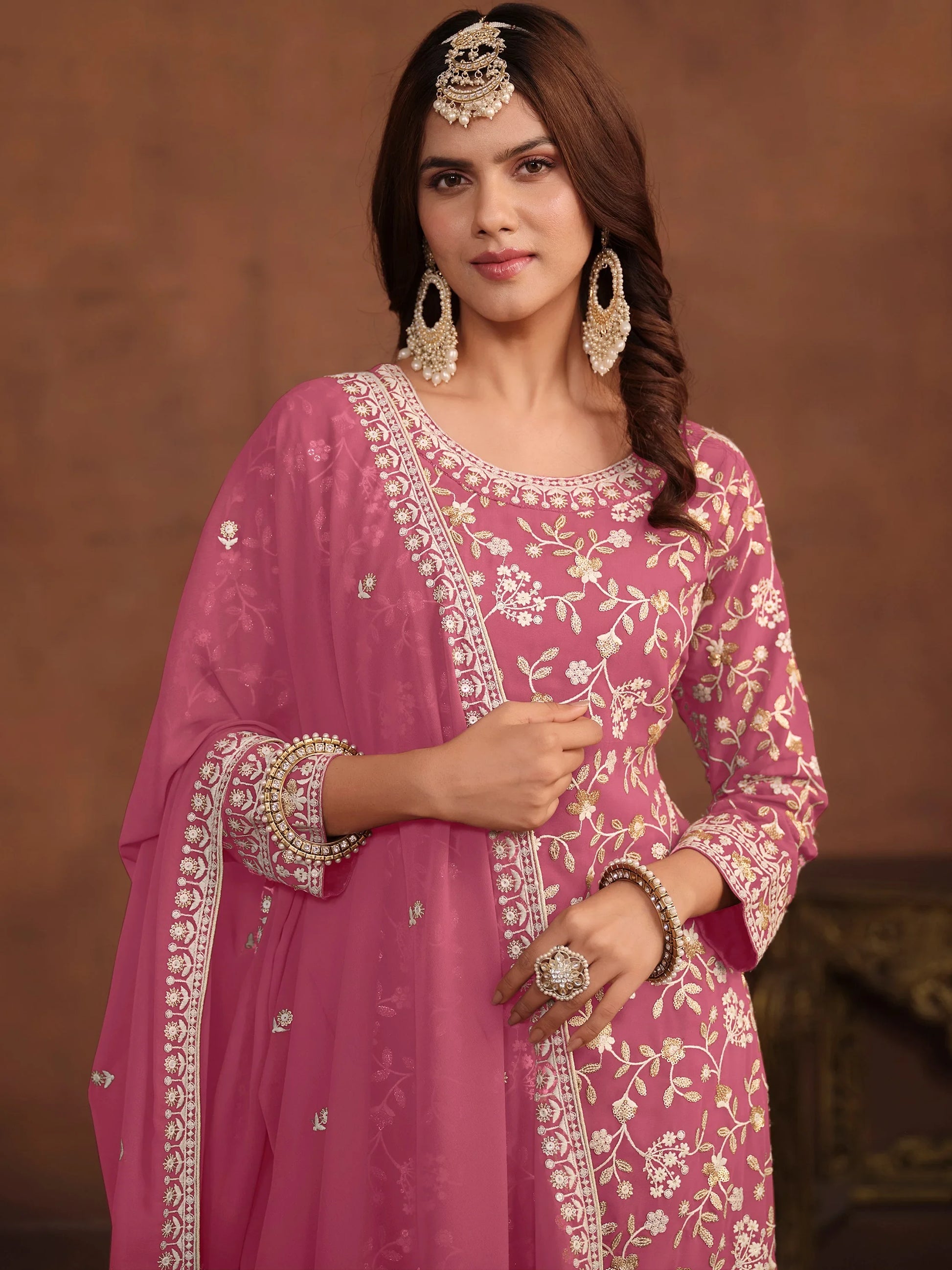 Fantastic Pink Bead Embroidered Georgette Marriage Wear Sharara Suit