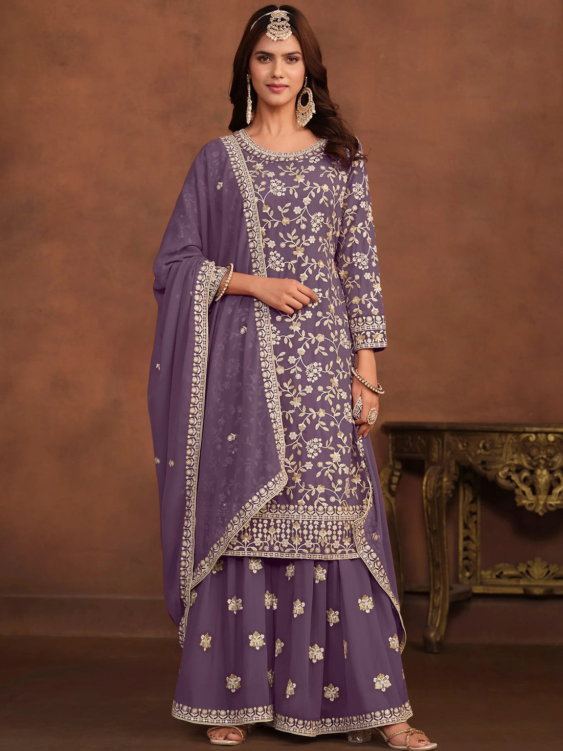 Wonderful Lavender Sequins Georgette Event Wear Sharara Suit With Dupatta