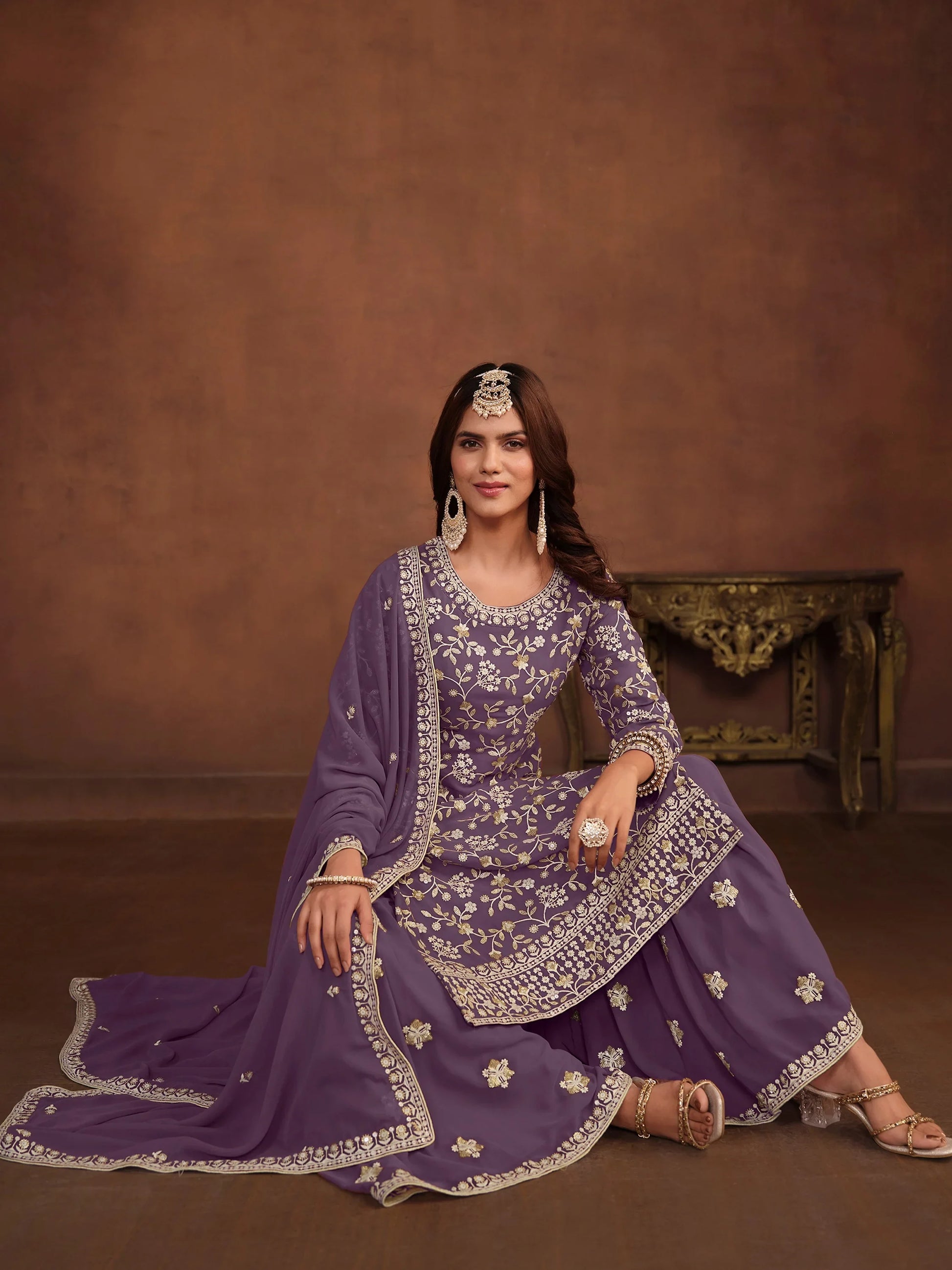 Wonderful Lavender Sequins Georgette Event Wear Sharara Suit With Dupatta