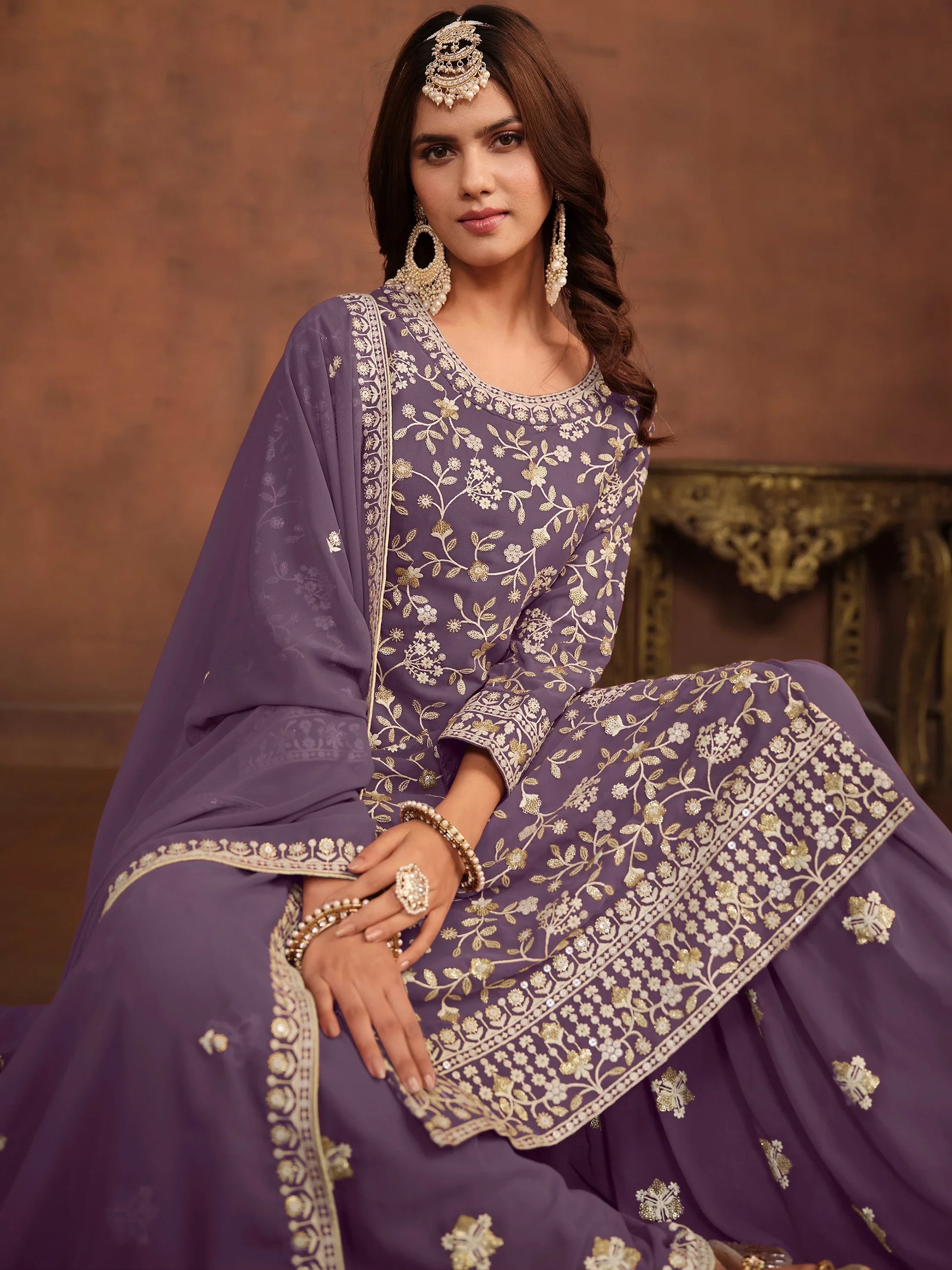Wonderful Lavender Sequins Georgette Event Wear Sharara Suit With Dupatta