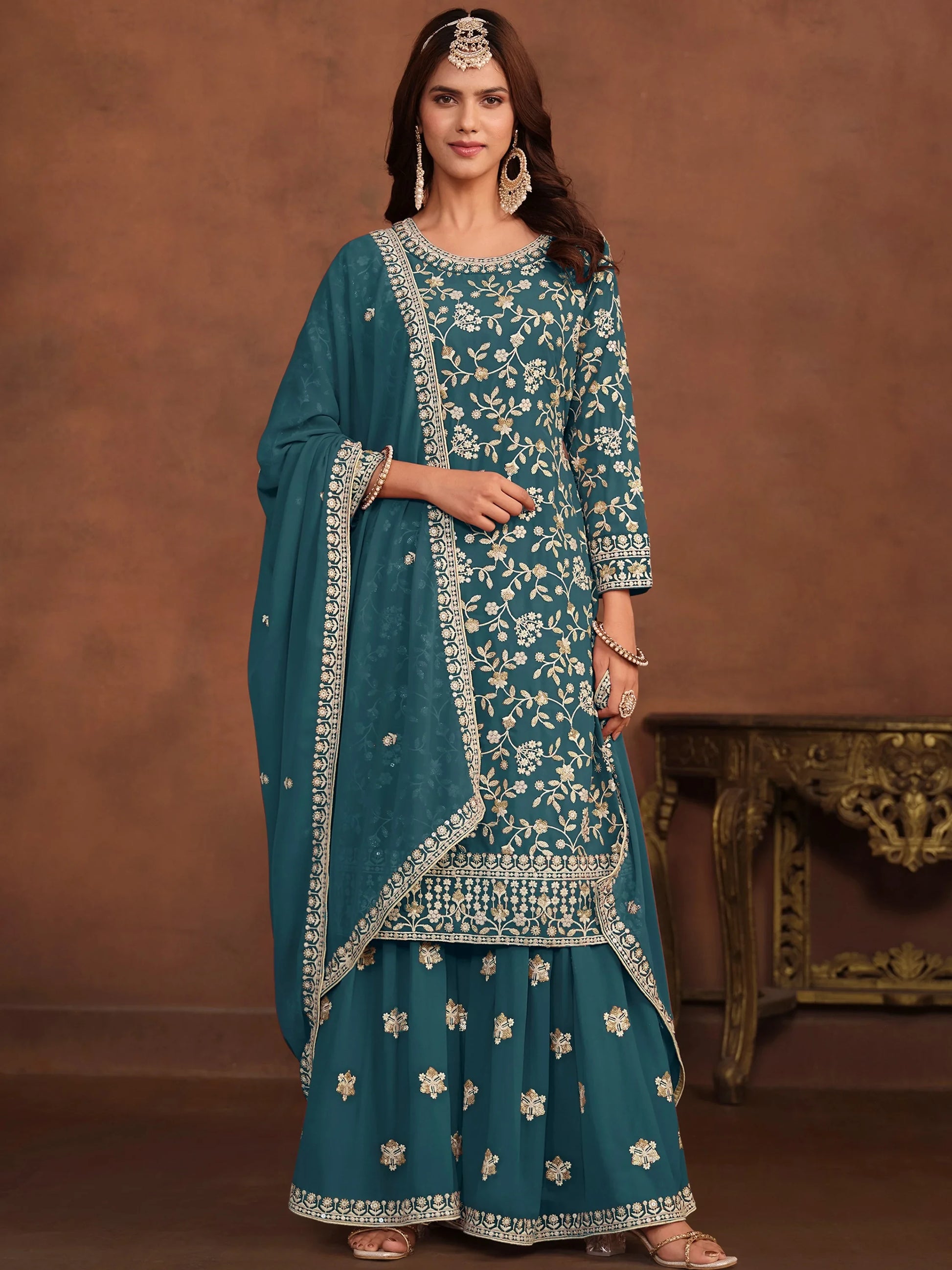 Amazing Green Embroidered Georgette Mehendi Wear Sharara Suit With Dupatta