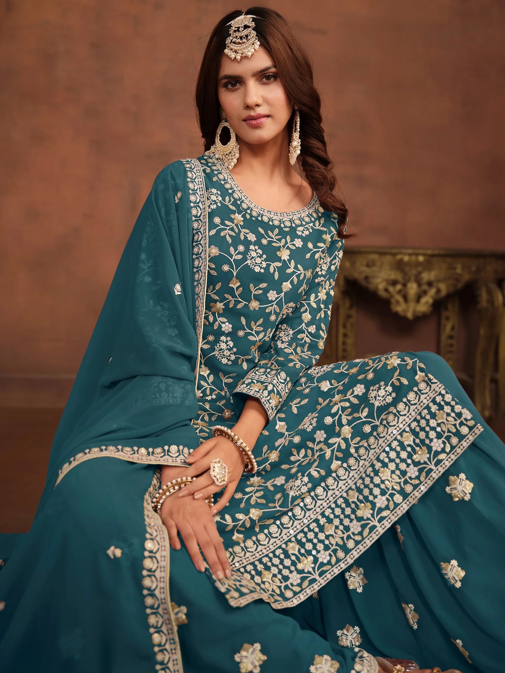 Amazing Green Embroidered Georgette Mehendi Wear Sharara Suit With Dupatta