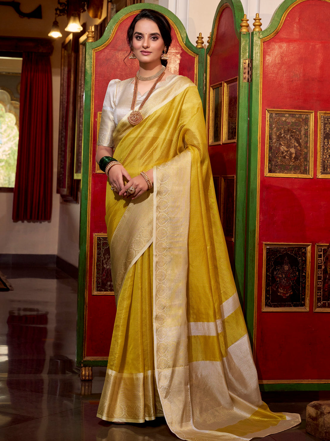 Majestic Yellow Zari Weaving Jacquard Festive Wear Saree With Blouse