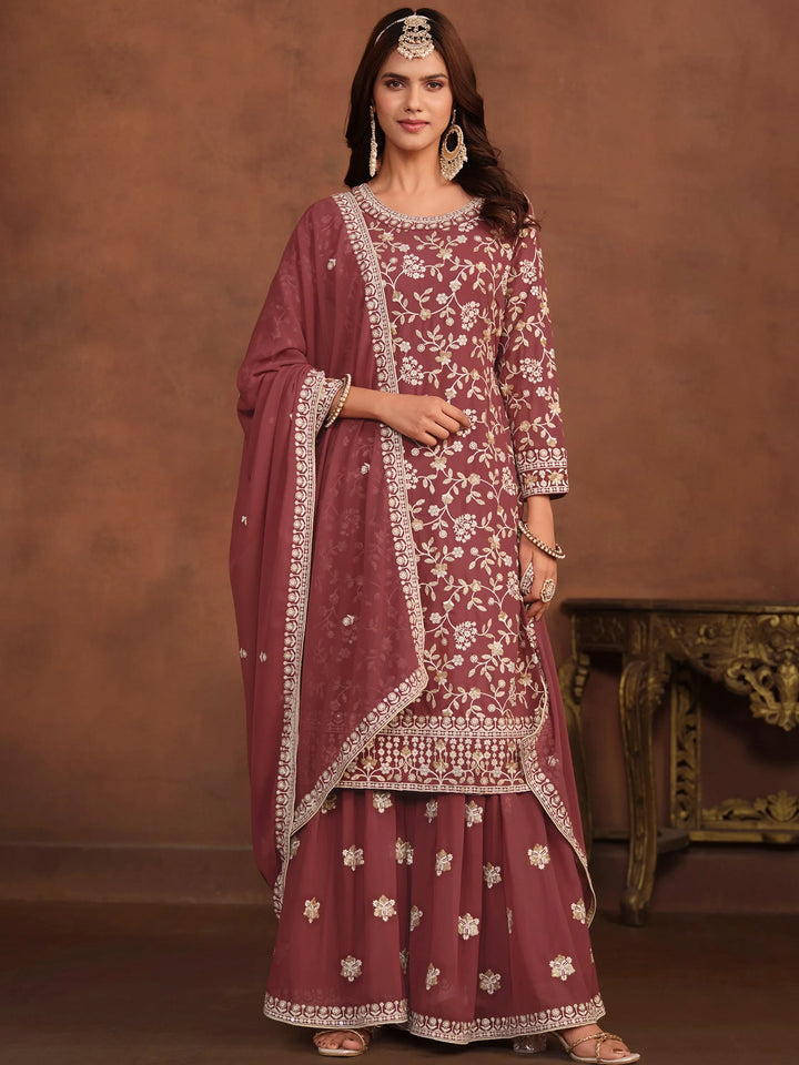Terrific Dusty Pink Bead Work Georgette Wedding Wear Sharara Suit