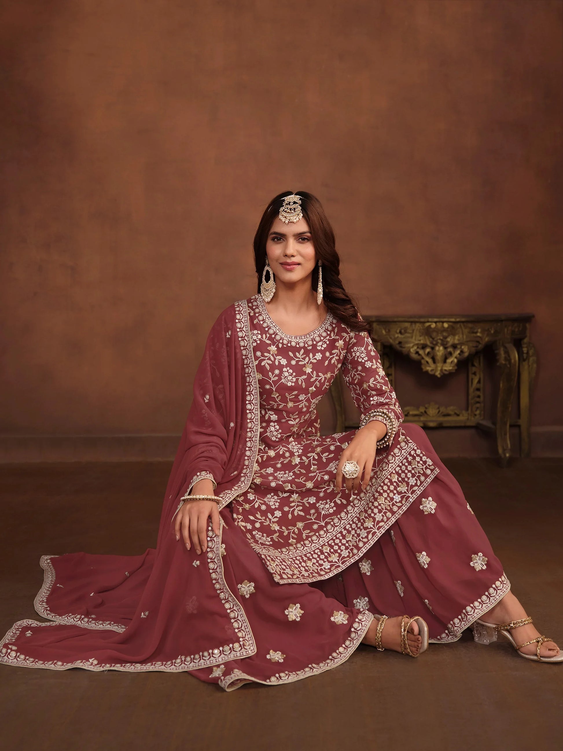 Terrific Dusty Pink Bead Work Georgette Wedding Wear Sharara Suit
