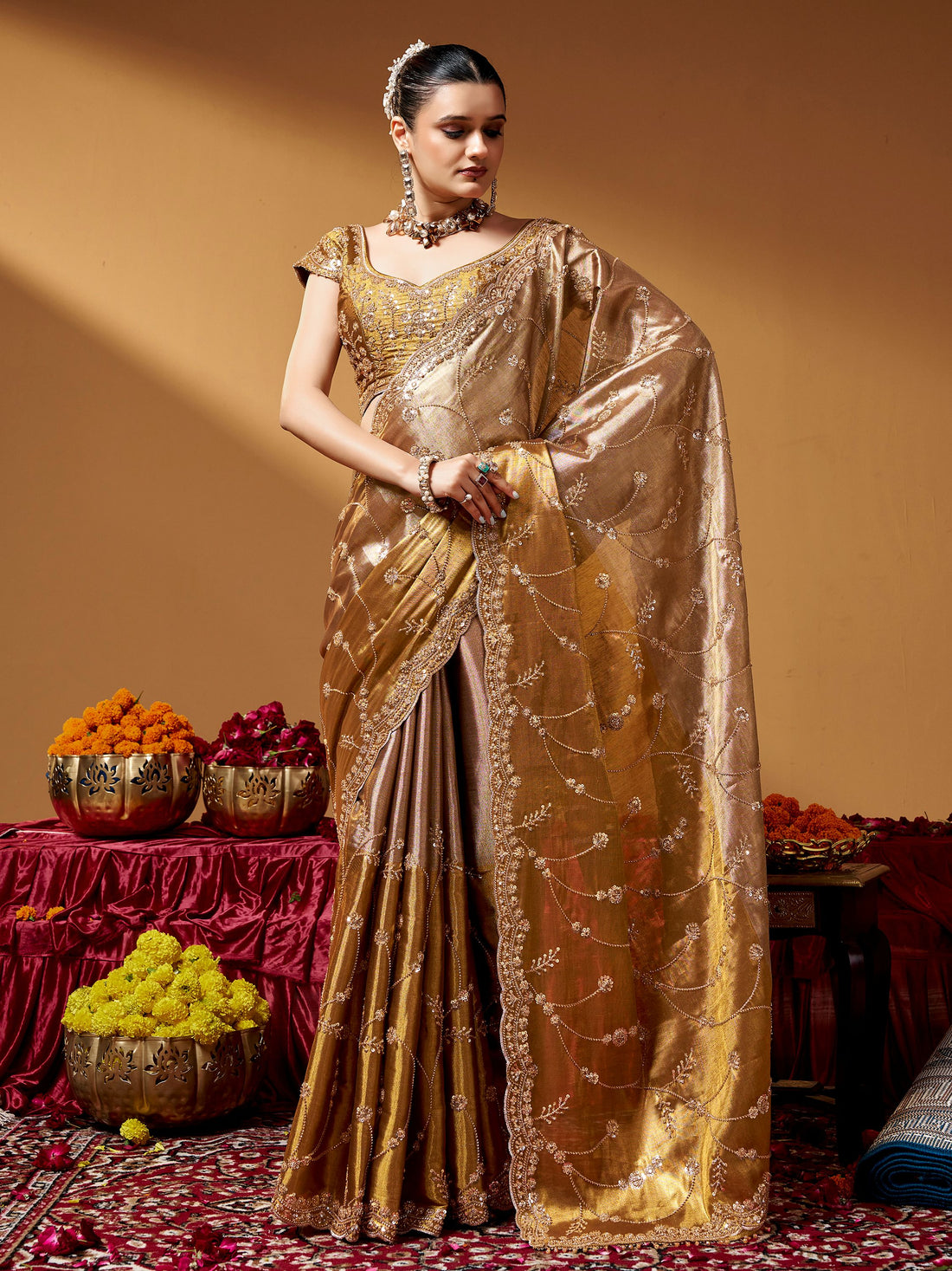Majestic Golden Beads Work Silk Wedding Wear Saree With Blouse