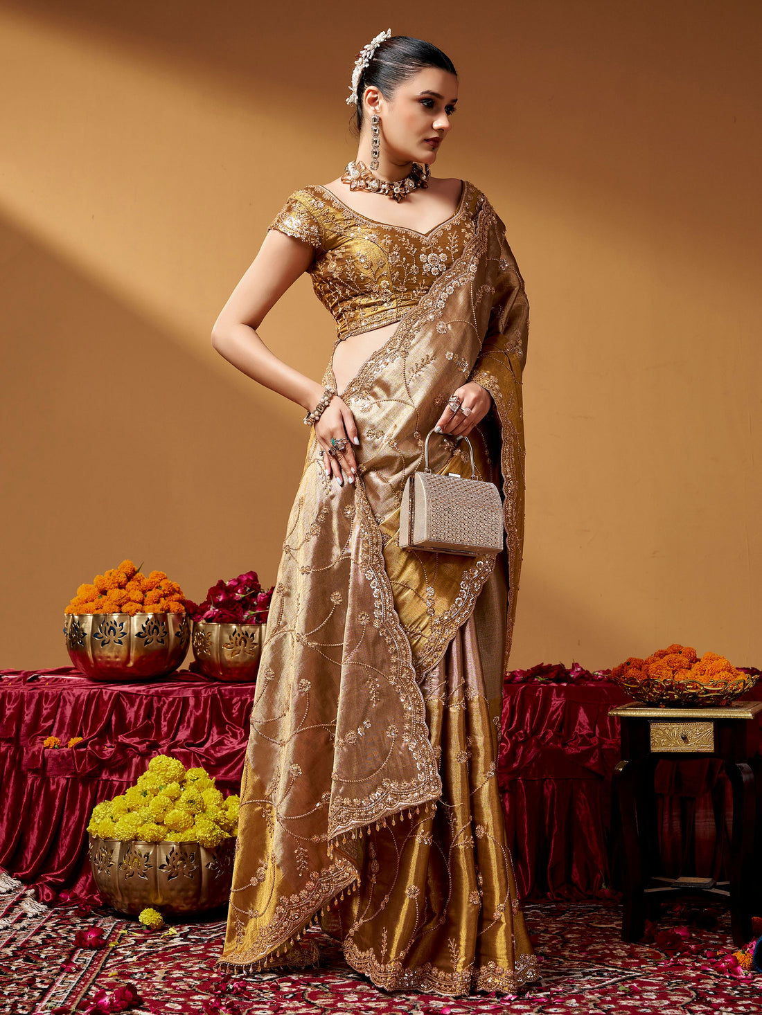 Majestic Golden Beads Work Silk Wedding Wear Saree With Blouse