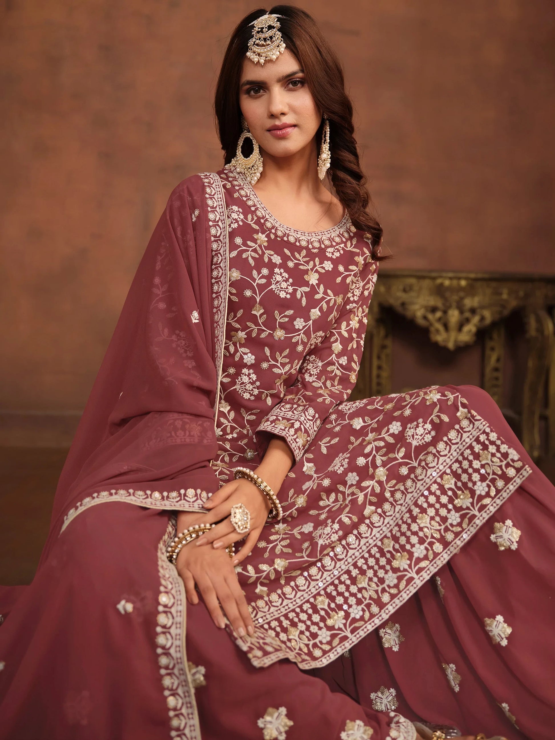 Terrific Dusty Pink Bead Work Georgette Wedding Wear Sharara Suit