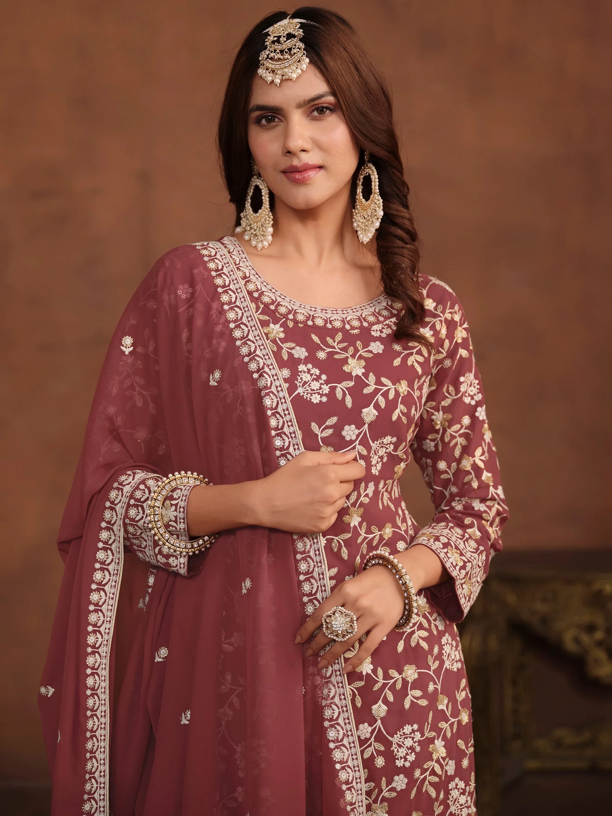 Terrific Dusty Pink Bead Work Georgette Wedding Wear Sharara Suit