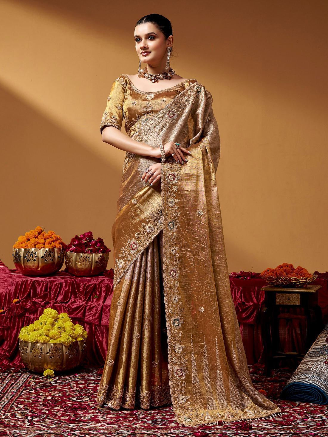 Mesmerizing Golden Hand Embroidery Silk Wedding Wear Saree