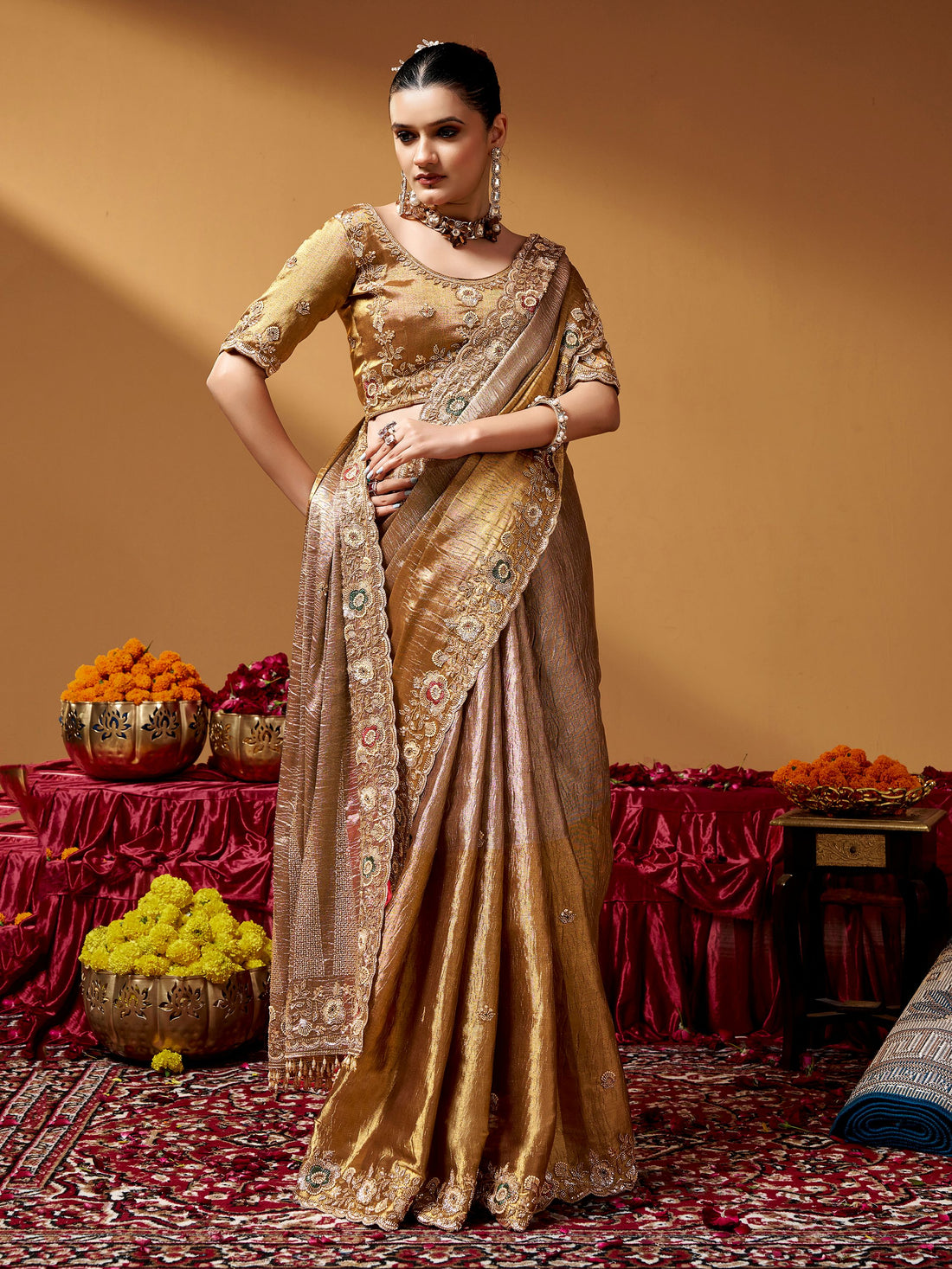 Mesmerizing Golden Hand Embroidery Silk Wedding Wear Saree