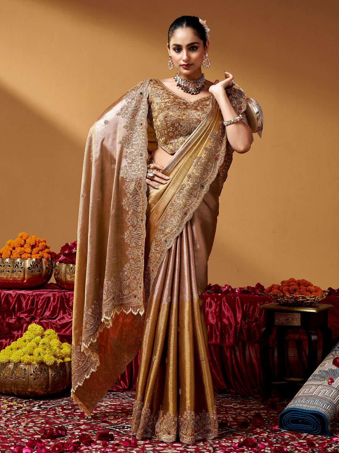 Gorgeous Golden Beads Work Silk Wedding Wear Saree